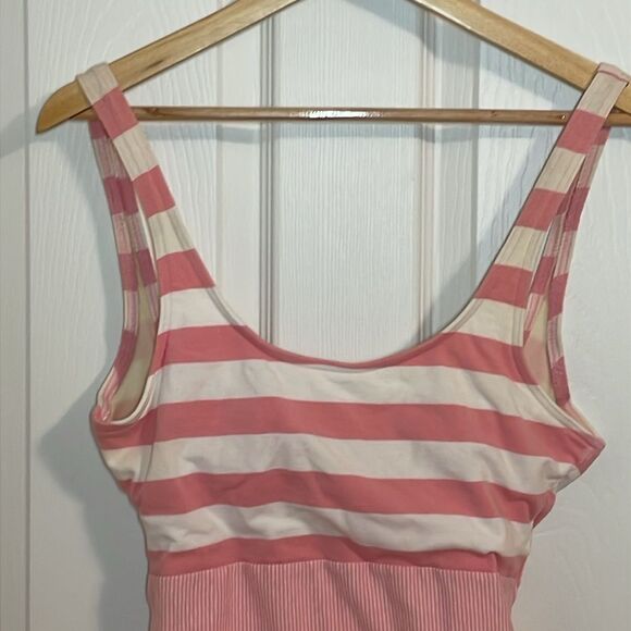 90s Pink Swimsuit, vintage Jantzen Striped Tank style Suit, cotton Lycra, 12 - Picture 4 of 10